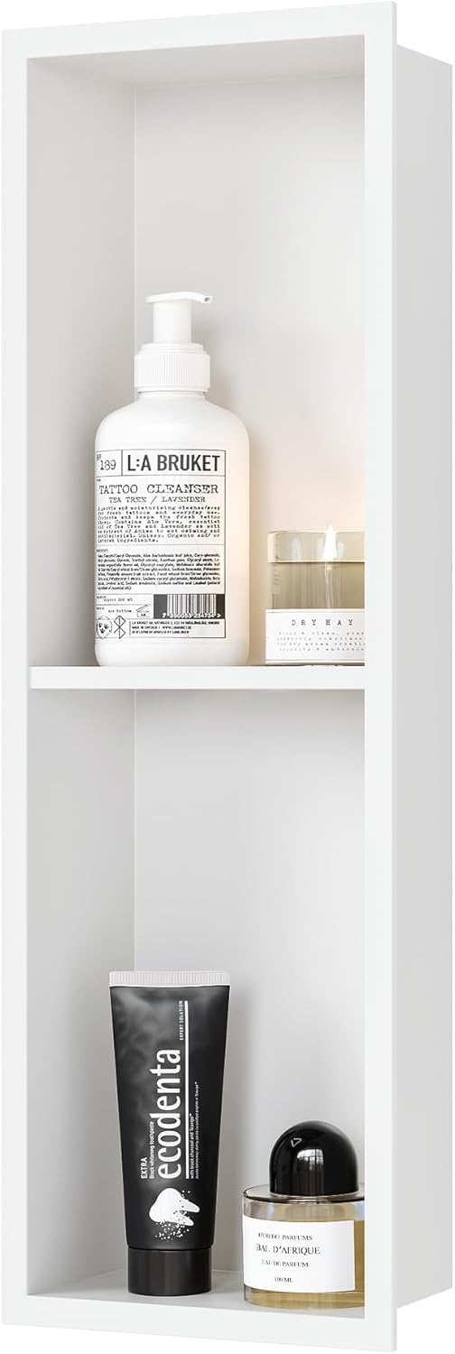 Stainless Steel Shower Niche 24" X 8", No Tile Needed Wall Niche Double Shelves, Recessed Shower Shelf for Bathroom Storage, Matte White