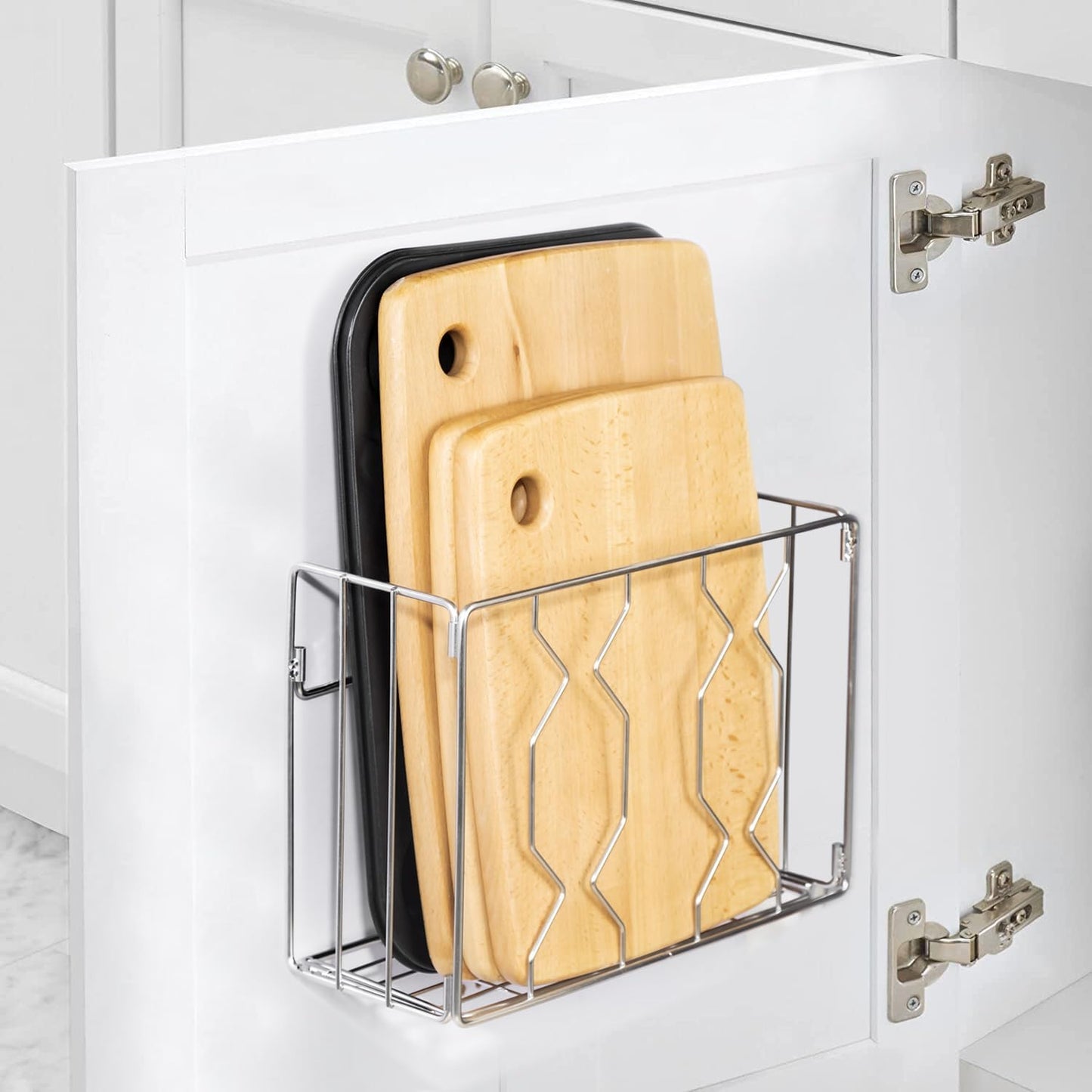 YQh Wall Mount Kitchen Wrap Organizer Rack, Cabinet Storage Basket, Aluminum Foil Rack, Mounts to Solid Cabinet Doors or Walls, Tall Basket Door Mount Cabinet Organizer