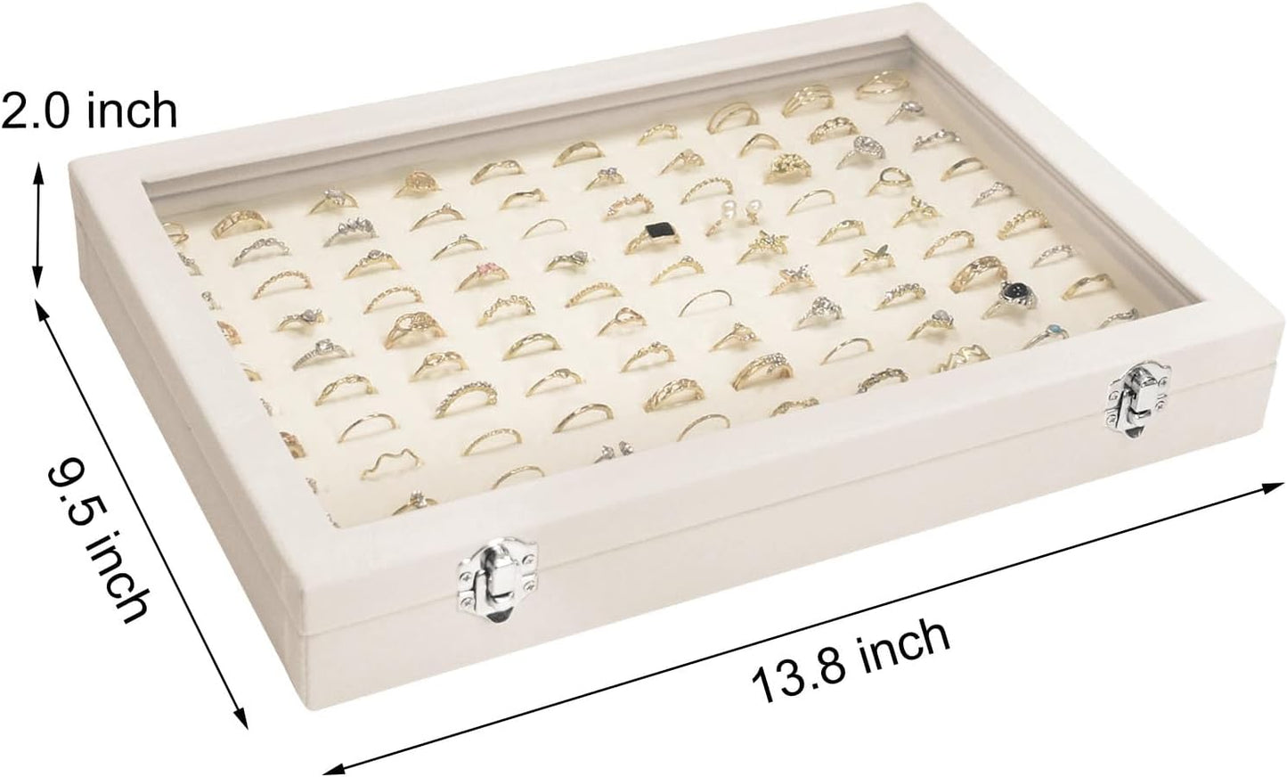 Velvet Ring Display Tray Organizer Box with Transparent Lid, 100 Slot Ring Holder Showcase For Store Display Jewelry Show Home, Ring Organizer For Rings Earrings (Beige)