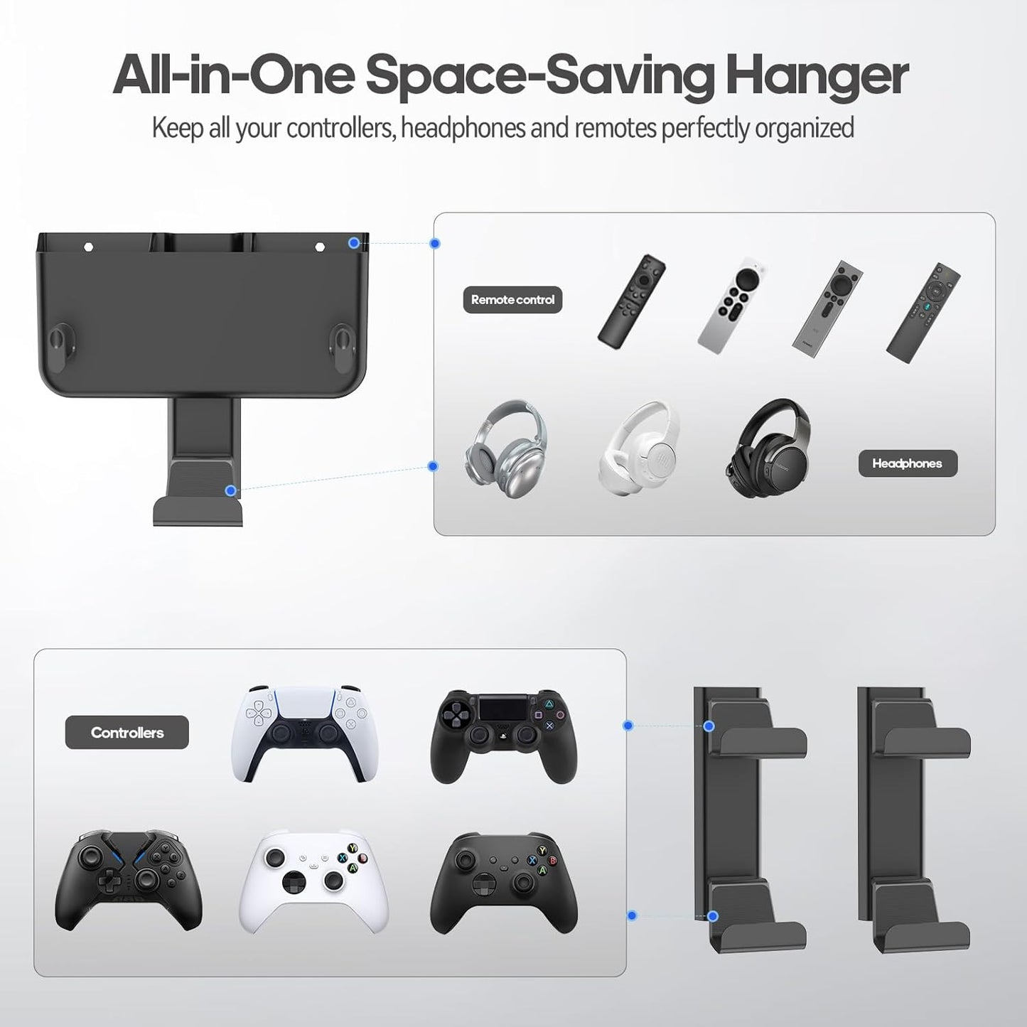 Controller & Headset & Remote Holder Wall Mount with No Drill, 2 Packs Gaming 4 Controllers Hanger Hook Mount for PS5/PS4/XBOX/Switch, Headphone Stand & Remote Control Holer Wall Shelf with Adhesives