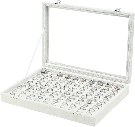 Coward Ring Organizer Jewelry Tray Box, Grey Beige Velvet 100 Slots Ring Display Tray Case with Transparent Glass Lid for Home Use or Store Selling Show