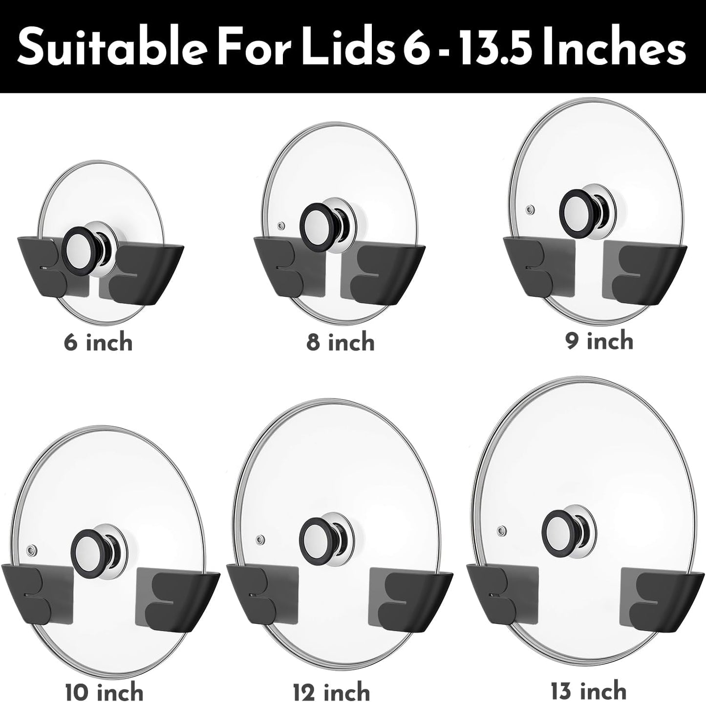 Universal Adjustable Pot Lid Organizer for Cabinet - Upgraded Patented Set of 4 Pan Lids Organizers Inside Cabinet Door Wall Mount Pots Top Holder for Kitchen Cupboard, Fits 6" to 14" (Black)