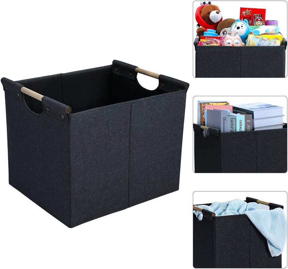 HOONEX Large Collapsible Storage Bins, Linen Fabric, 2 Pack, Storage Baskets with Wooden Carry Handles and Sturdy Heavy Cardboard, for Home, Office, Car, Nursery, Dark Grey