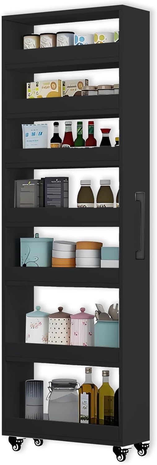 7-Tier Slim Storage Cart, Wooden Rolling Pantry Cabinet with Wheels, Narrow Shelf Organizer for Kitchen, Bakers Rack, Dining Room, Closet, Small Spaces Dark Walnut 47.2" H*9.8" W*16.9" D