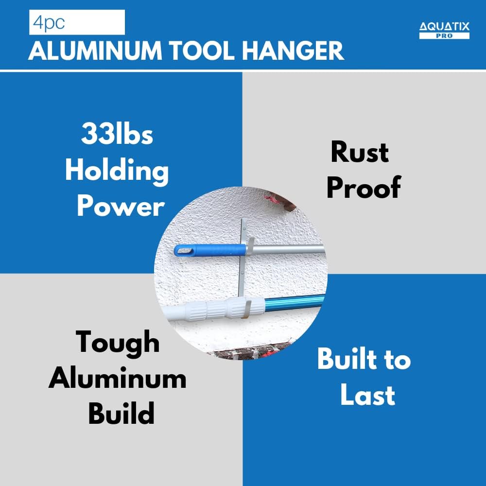 Aquatix Pro Pool Pole Hanger Premium 4pc Aluminium Holder Set, Ideal Hooks for Telescopic Poles, Skimmers, Leaf Rakes, Nets, Brushes, Vacuum Hose, Garden Tools and Swimming Pool Accessories