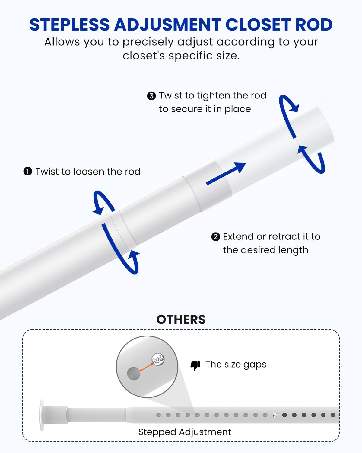 Closet Rods for Hanging Clothes, 17 to 39 Inches Stepless Adjustable Metal Closet Rod, 1.3 Inches Heavy Duty Clothes Hanging Rod for Closet Wardrobes Laundry RV, White