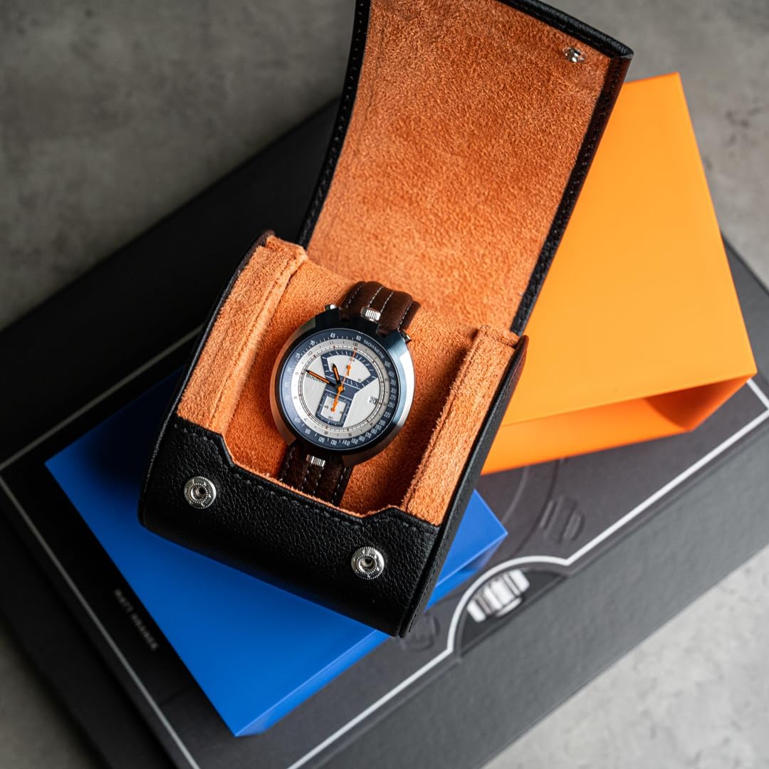DailyWatch | Watch Roll Travel Case For 1 Watch | Luxury Watch Case In Genuine Black Leather With Soft Velvet Interior | Watch Case Protect, Store, & Display Your Watches | Black Orange