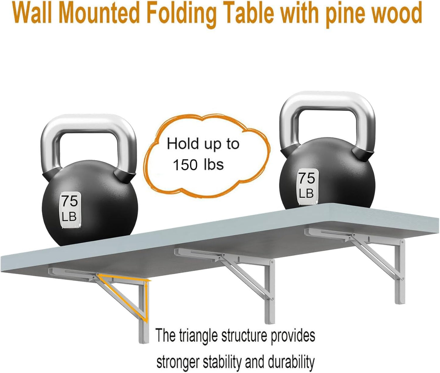 IAE Wall Mounted Folding Table with Pine Wood,48" x 16" Floating Wall Desk,Laundry Folding Table with Shelf Brackets,Fold Down Desk Shelf,Folding Workbench for Home,Dining,Laundry Room,Kitchen,White