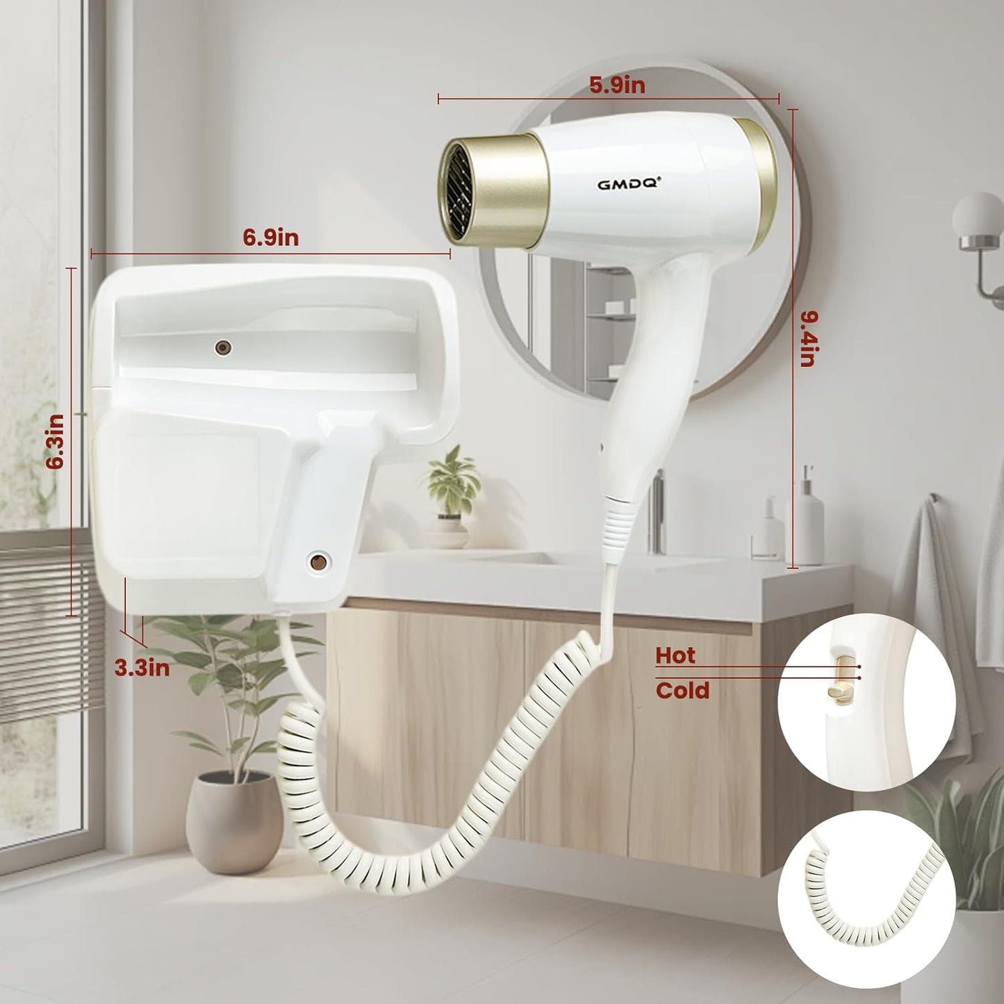 Wall Mounted Hair Dryer with USB Charging Port for Bathroom - 110V Professional Blow Dryer, Fast Drying Salon Motor & Dual Voltage Support, Includes Stand Rack, Screws+Adhesive