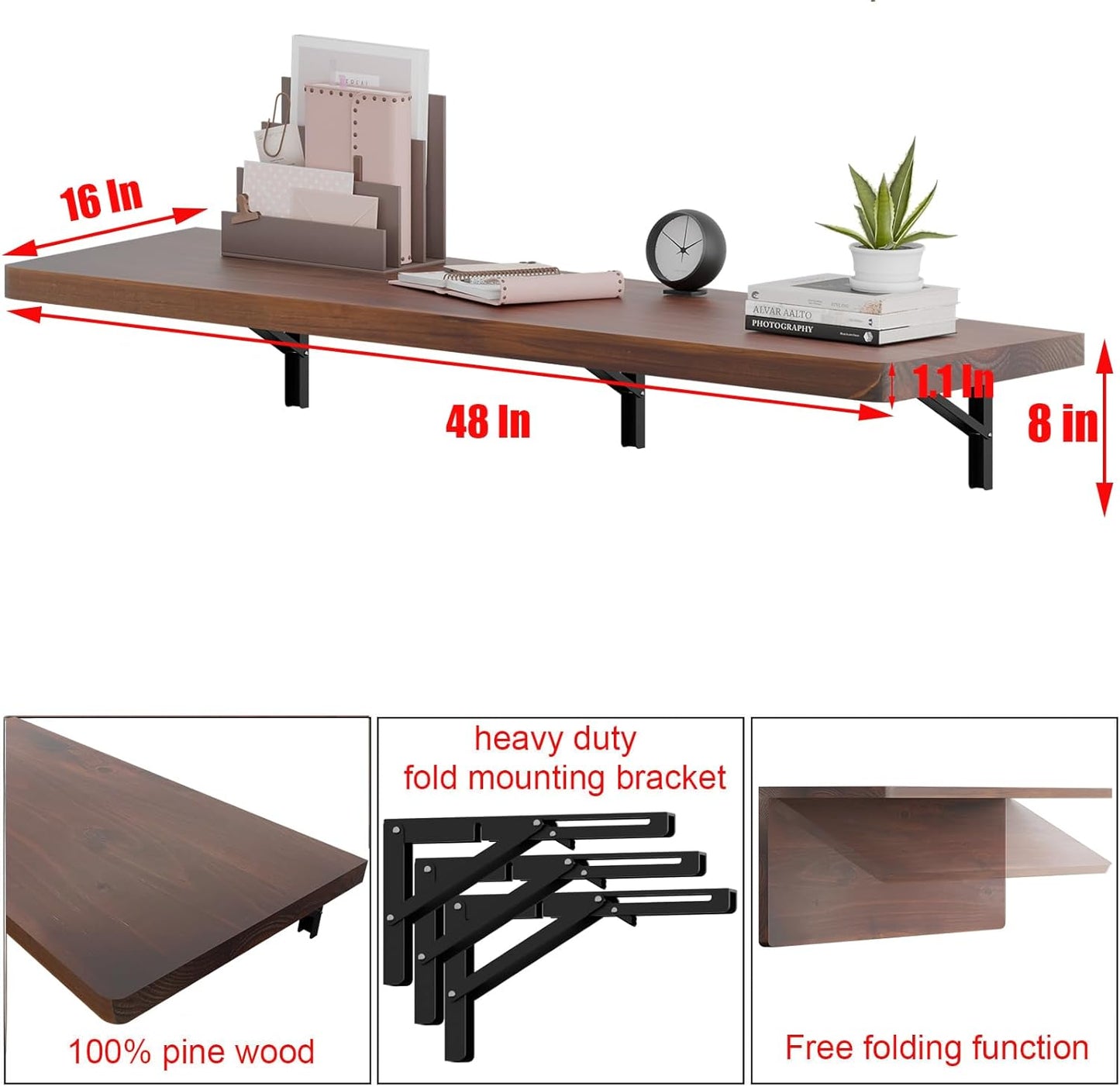 IAE Wall Mounted Folding Table with Pine Wood,48" x 16" Floating Wall Desk,Laundry Folding Table with Shelf Brackets,Fold Down Desk Shelf,Folding Workbench for Home,Dining,Laundry Room,Kitchen,Brown