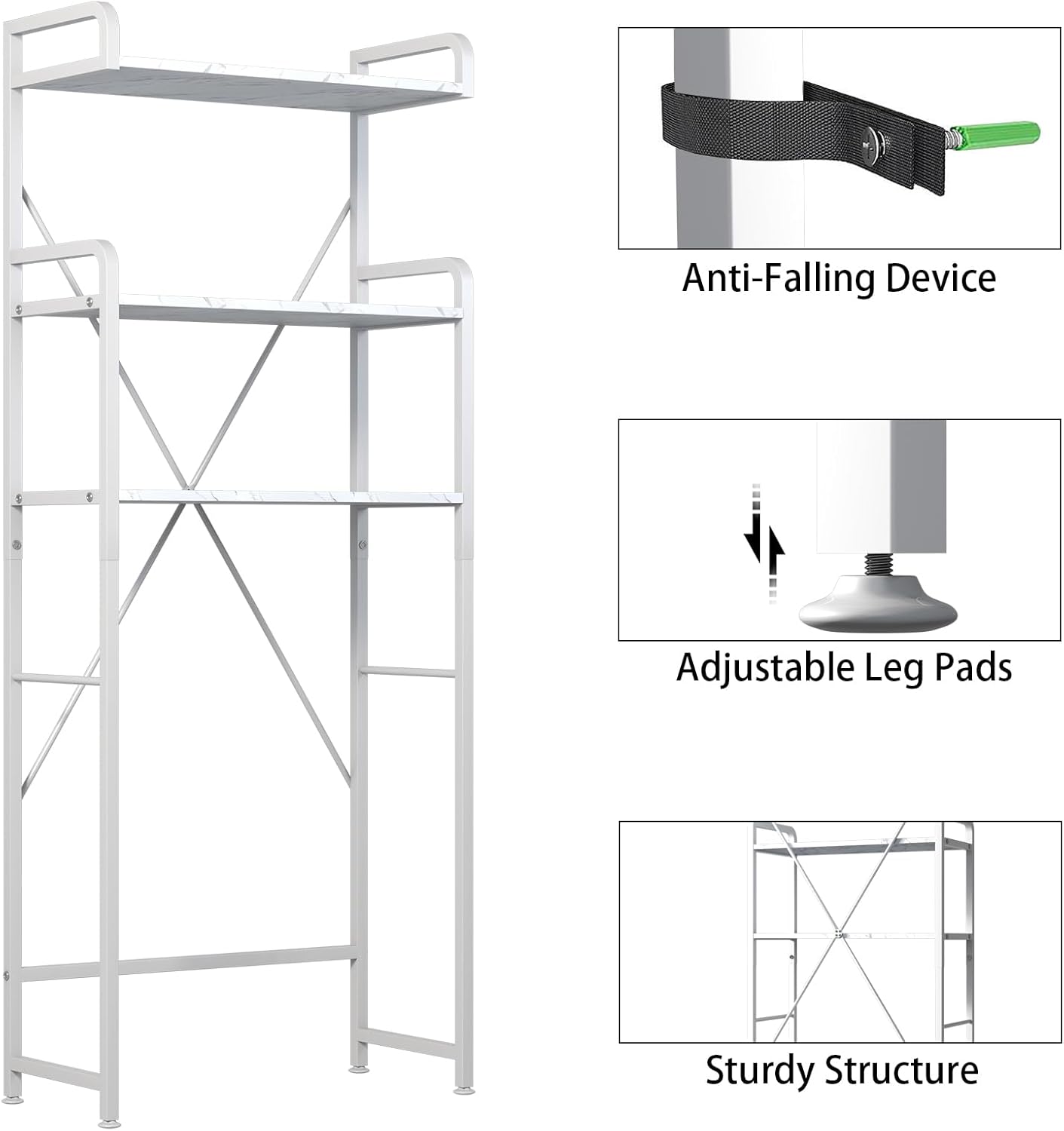 Over The Toilet Storage Rack with 3-Tier Bathroom Shelves, Space Saver Toilet Shelf, Bathroom Storage Organizer with Hooks for Over Toilet Storage and Bathroom Shelf (White Faux Marble)