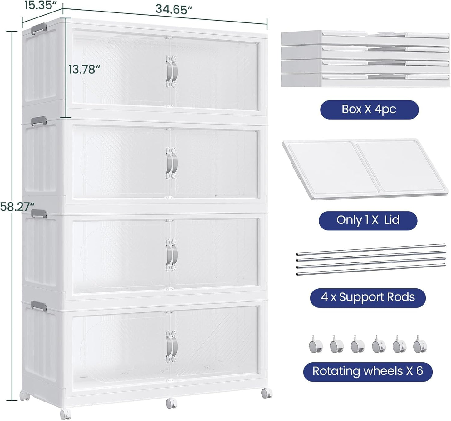 960QT Extra Large Stackable Storage Bins with Lid & Wheels & Doors, 240Gal Foldable Collapsible Closet Organizers, Plastic Cabinet Box Container Drawer for Home Kitchen Bedroom, 4Pack White