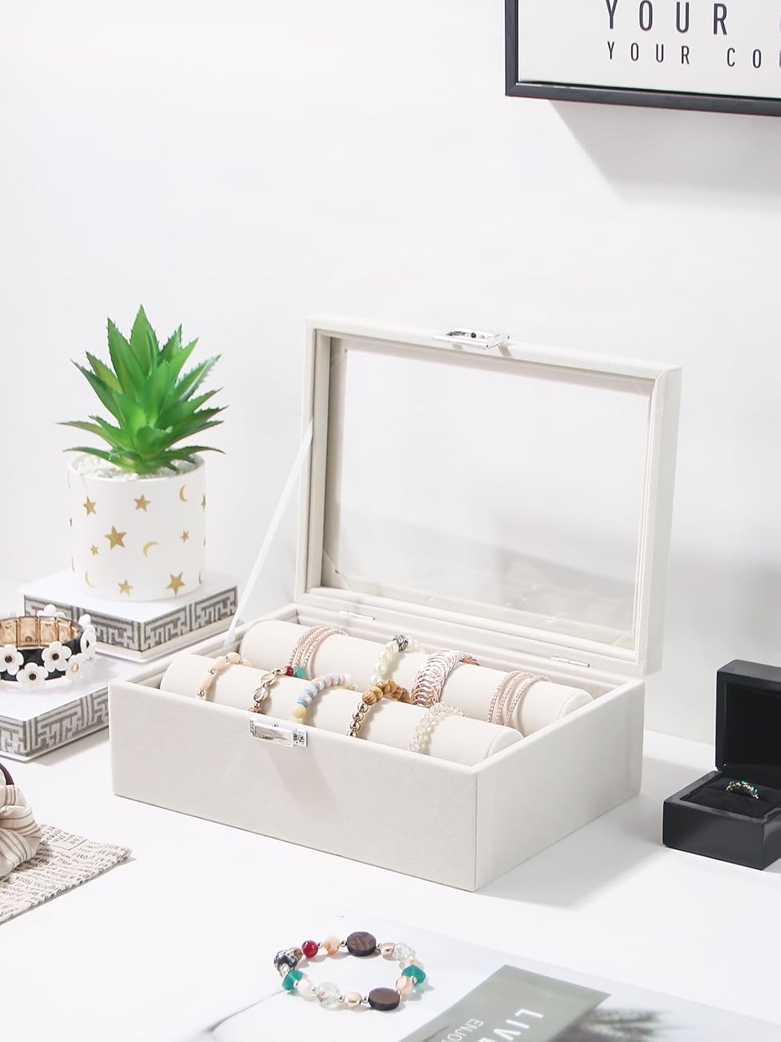 Bracelet Holder Organizer Box, Jewelry Storage Case with 2 Rods, Bangle Watch Display Tray for Women Girls (Beige)
