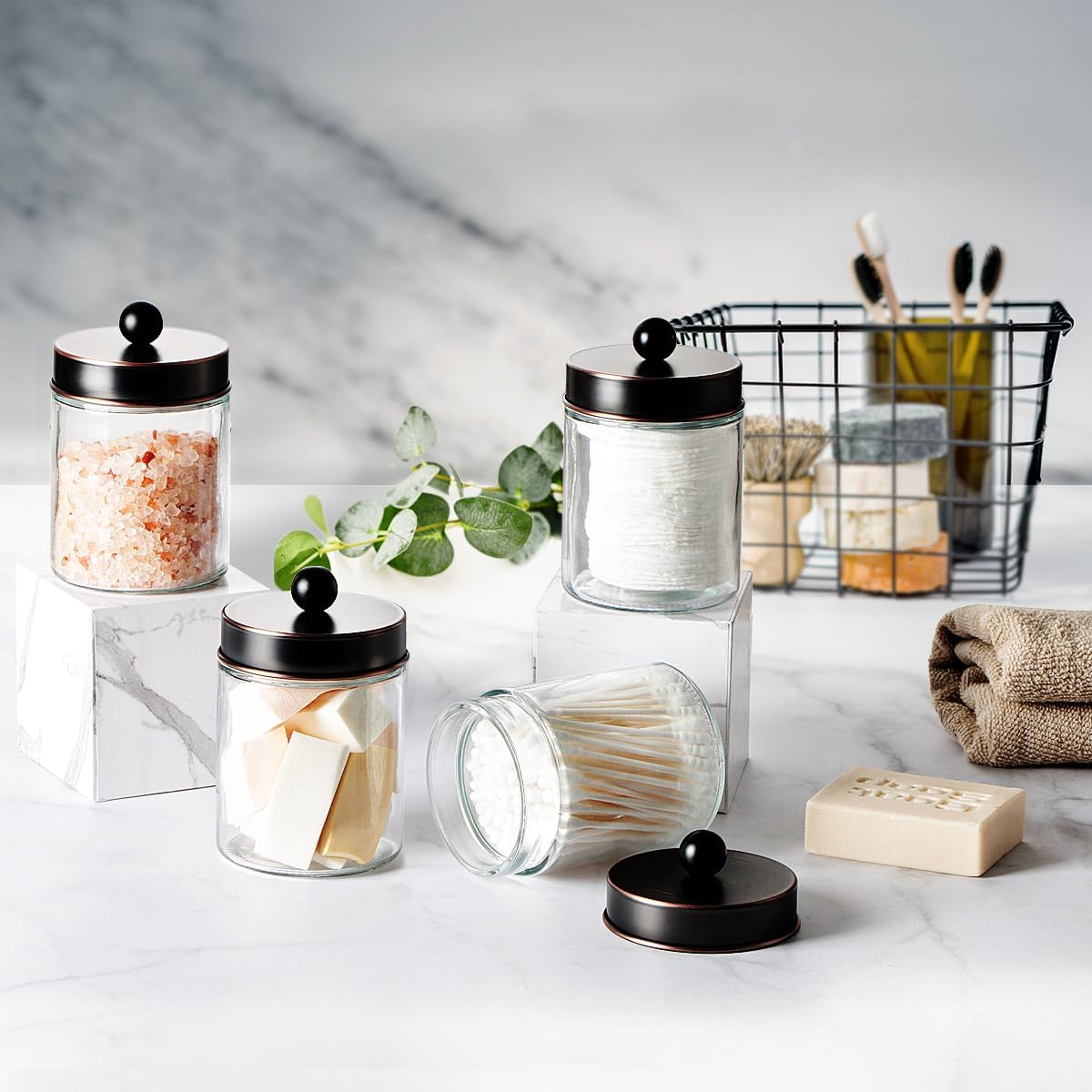 Amolliar Apothecary Jars Bathroom Storage Organizer - Cute Qtip Dispenser Vanity Canister Glass with Lid for Cotton Swabs,Rounds,Bath Salts,Makeup Sponges,Hair Accessories/Oil Rubbed Bronze（2 Pack）