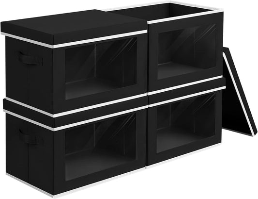 Cube Storage Bins with Lids, Clear Window Storage Baskets for Organizing, Fabric Organizer Bins with Handle, Cloth Storage Bins for Shelves, Closet, Clothes, Towels, 4 Packs, Black