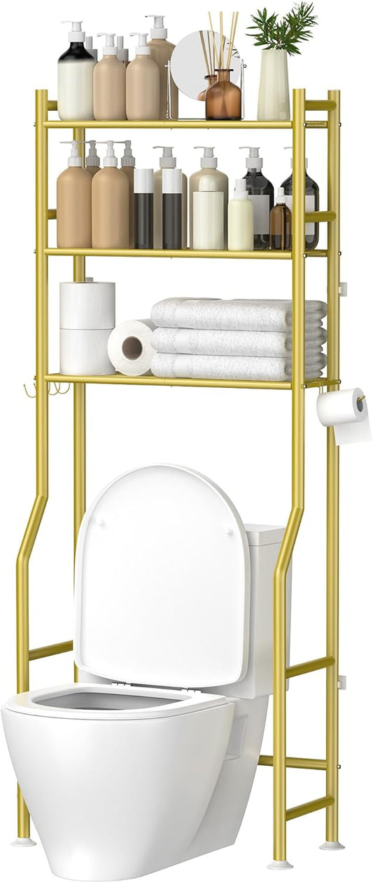 3-Tier Over The Toilet Storage, Space Saver Metal Bathroom Shelves, Freestanding Above Over Toilet Storage Shelf with 4 Hooks for Bathroom, Gold