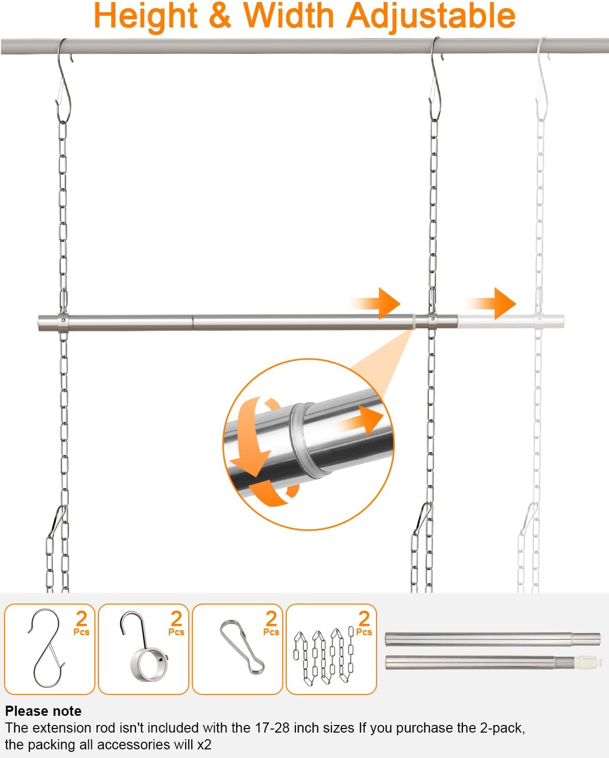 Hanging Closet Rod, Adjustable Width and Height Closet Rods Extender, 17-52inch Heavy-Duty Stainless Steel Bar, Space-Saving Closet Rod Hanging Clothes, 2Pack(Silver)