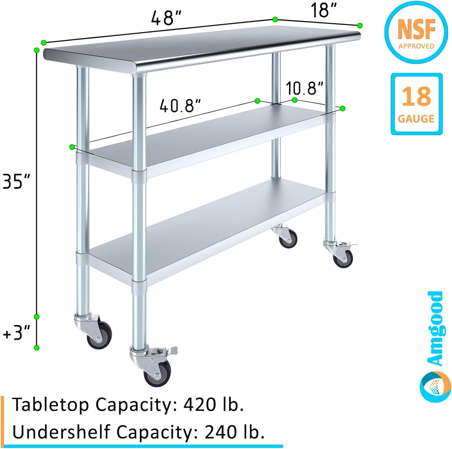 AmGood Stainless Steel Work Table with 2 Shelves and Casters | Metal Utility Table On Wheels (Stainless Steel Work Table with 2 Shelves + Casters, 48" Long x 18" Deep)