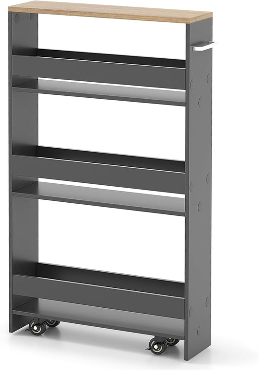 MAT EXPERT Slim Rolling Storage Cart, 4-Tier Freestanding Slim Storage Cart with Wheels 360 Degree & Metal Handle, Wooden Utility Cart for Narrow Kitchen, Laundry Room, Bathroom (Grey + Natural)