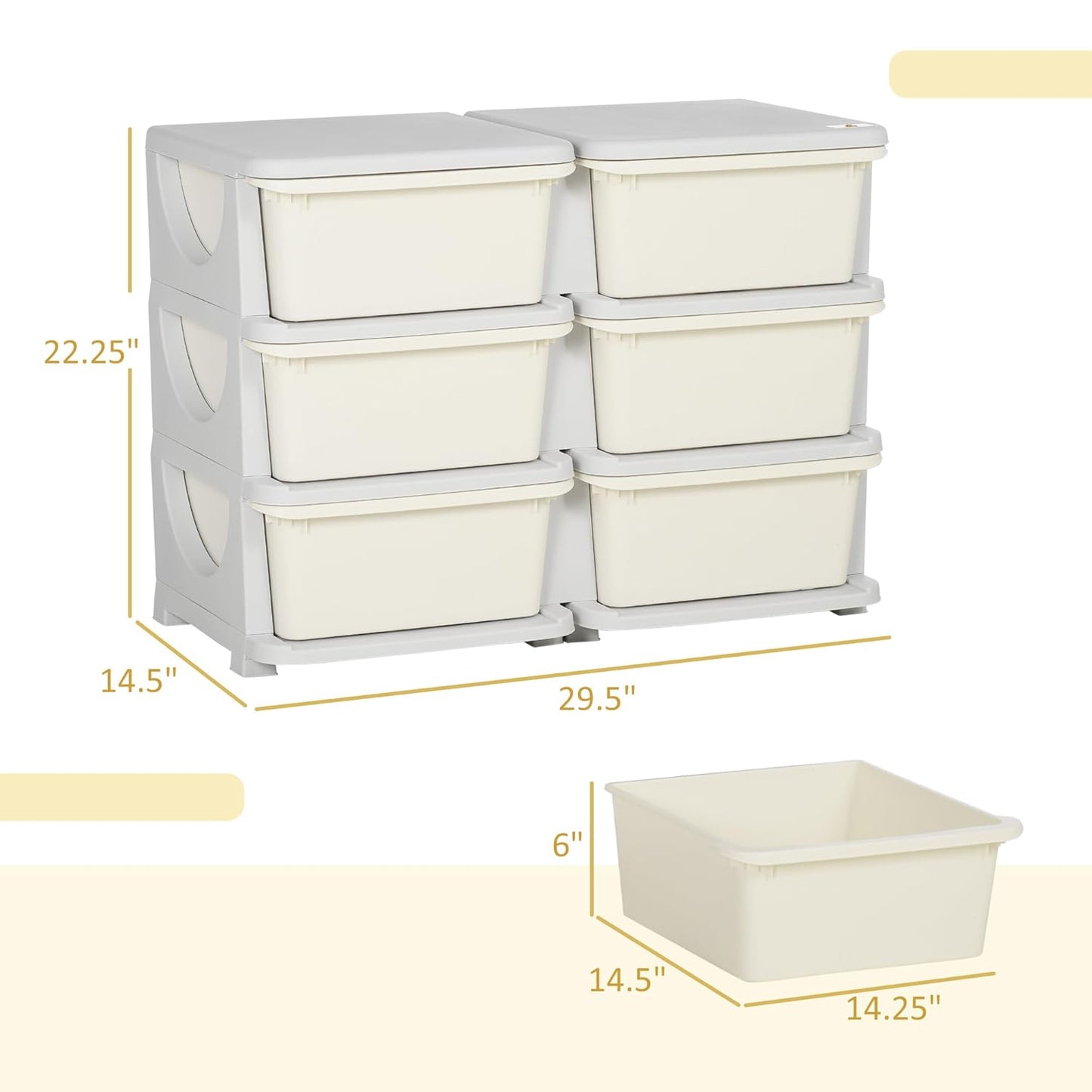 Qaba 3 Tier Kids Storage Unit, 6 Drawer Chest Toy Organizer Plastic Bins for Kids Bedroom Nursery Kindergarten Living Room for Boys Girls Toddlers, Cream White