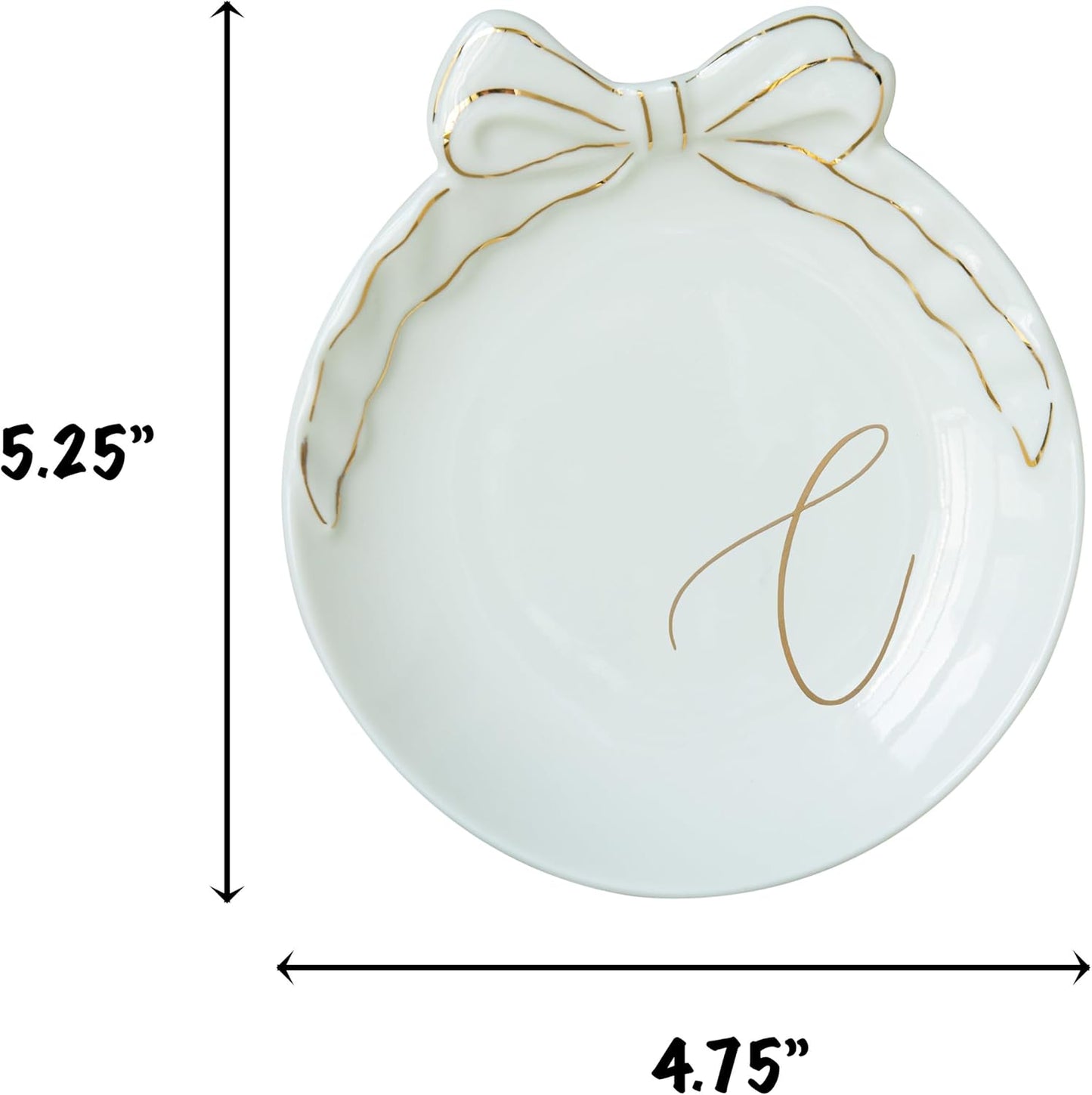 COLLECTIVE HOME - Personalized Initial Ceramic Jewelry Tray with Bow, Christmas Gift Ideas for Women, Small Gift for Girlfriend Wife, Ring Holder, Earrings Dish, Birthday Gift for Her (C)