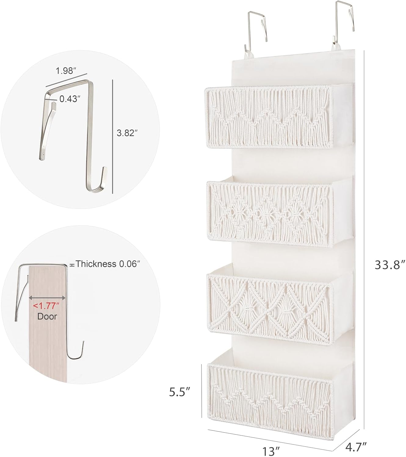 Dahey Over The Door Organizer Macrame Boho Nursery Storage Decor with 4 Large Woven Pockets Closet Behind Hanging Organizer for Bedroom Nursery Bathroom Apartments Dorm Pantry Decoration,White