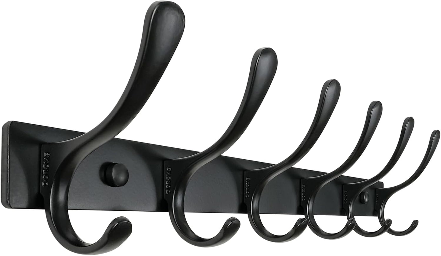 SKOLOO Coat Rack Wall Mounted - 6 Hooks, Heavy Duty, Stainless Steel, Metal Wall Hanger, Sturdy Coat Hooks for Hanging Coats, Jacket, Clothes, Hats - Black