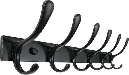 SKOLOO Coat Rack Wall Mounted - 6 Hooks, Heavy Duty, Stainless Steel, Metal Wall Hanger, Sturdy Coat Hooks for Hanging Coats, Jacket, Clothes, Hats - Black