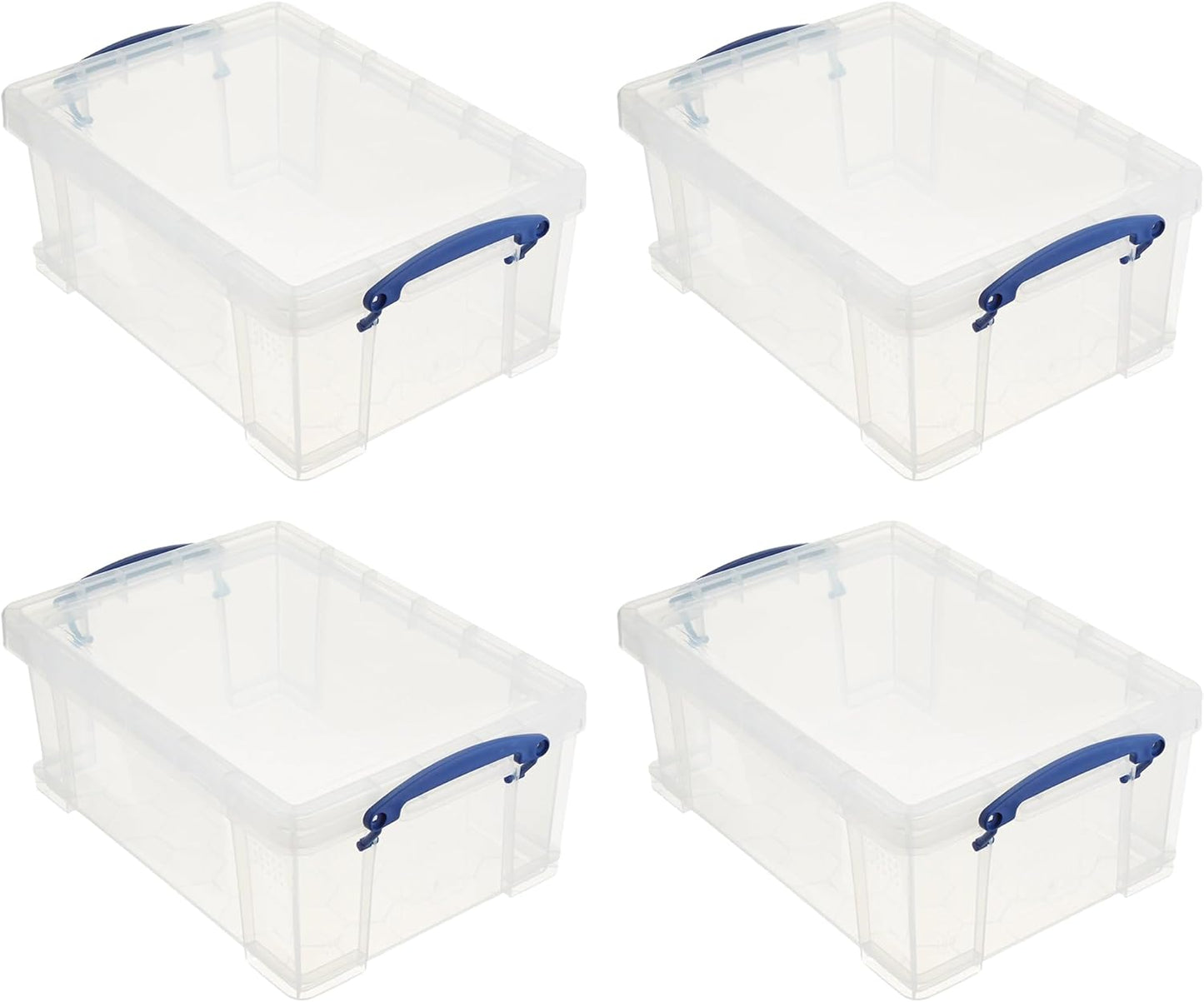 Really Useful Box Stackable 9 Liter Plastic Storage Container Bin with Snap Lid and Built-In Clip Lock Handles for Home & Office Organization (4 Pack)