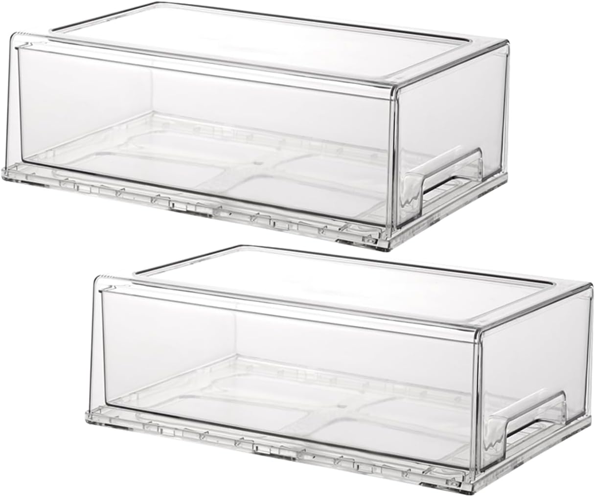 Stackable storage drawers, clear pull-out organizer with handles and non-slip pads for kitchen, refrigerator,office desktop, pantry and shelves, perfect for organization and storage (2 Pack, Medium)