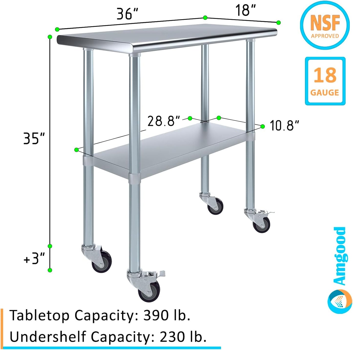 AmGood 18" x 36" Stainless Steel Work Table with Casters | Heavy Duty Metal Utility Table On Wheels | Kitchen Island Cart