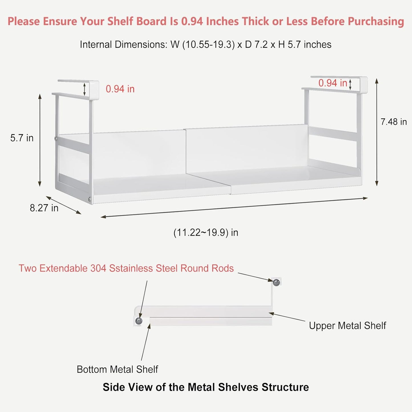 Expandable Under Cabinet Shelf Organizer with 0.94-Inch Thick Clips, Heavy Duty Extendable Under Shelf Storage Basket for Pantry or Laundry Room, White, 2 Pack, Interior: 5.7" H x 7.2" D
