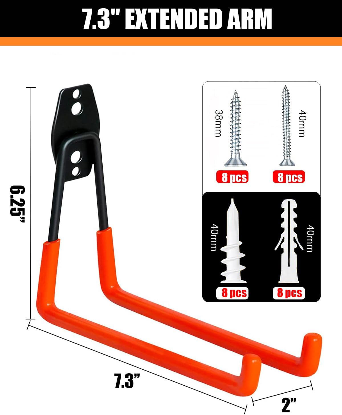 WMK Garage Hooks 4 Pack Wall Storage Hooks Heavy Duty Steel Tool Hangers for Utility Organizer, Wall Mount Holders for Garden Lawn Tools, Ladders, Bike (Orange)