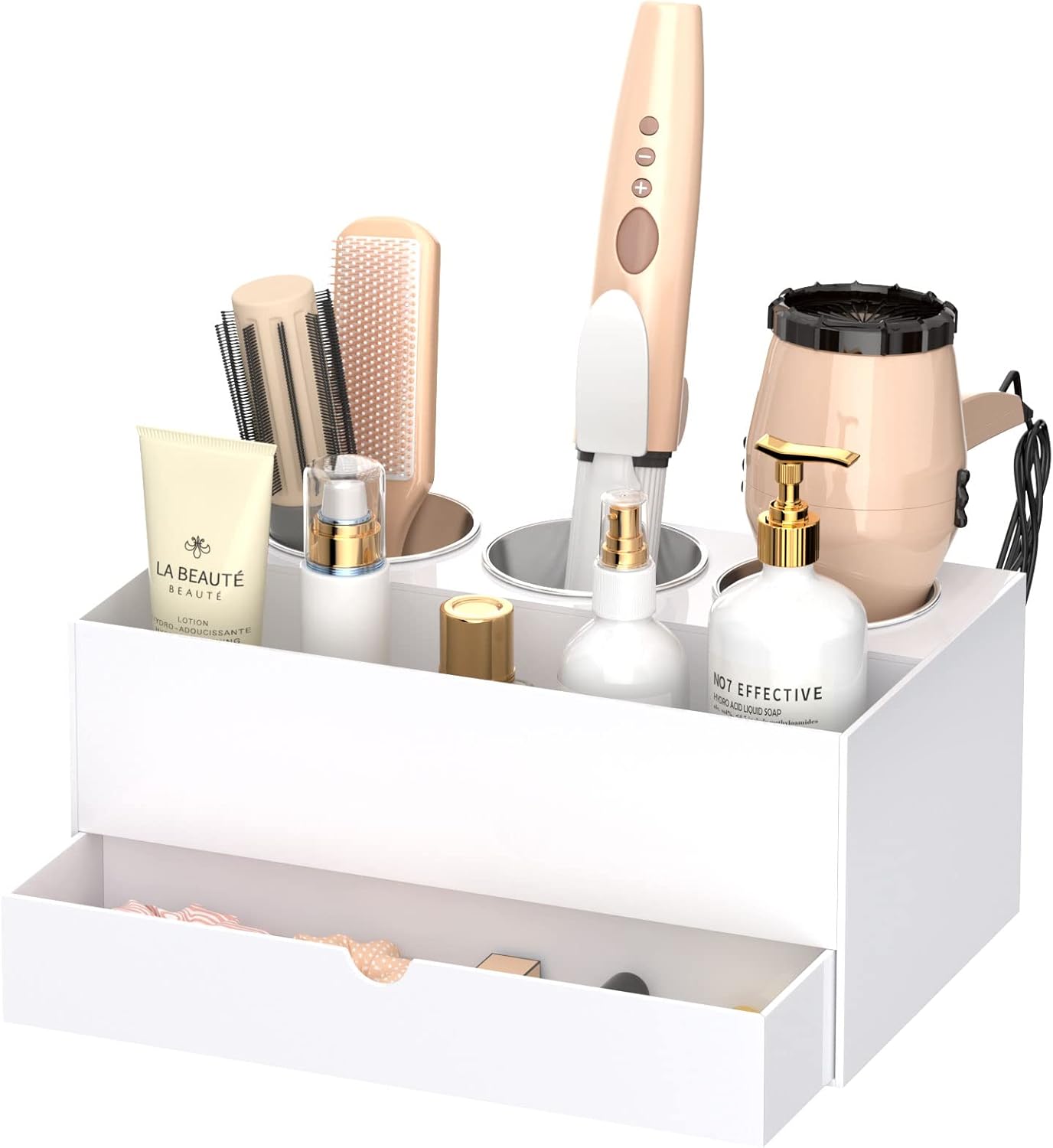 NIUBEE Hair Tool Organizer, White Acrylic Hair Dryer and Styling Organizer with Drawer, Bathroom Countertop Blow Dryer Holder, Vanity Caddy Storage Stand for Accessories, Makeup, Toiletries
