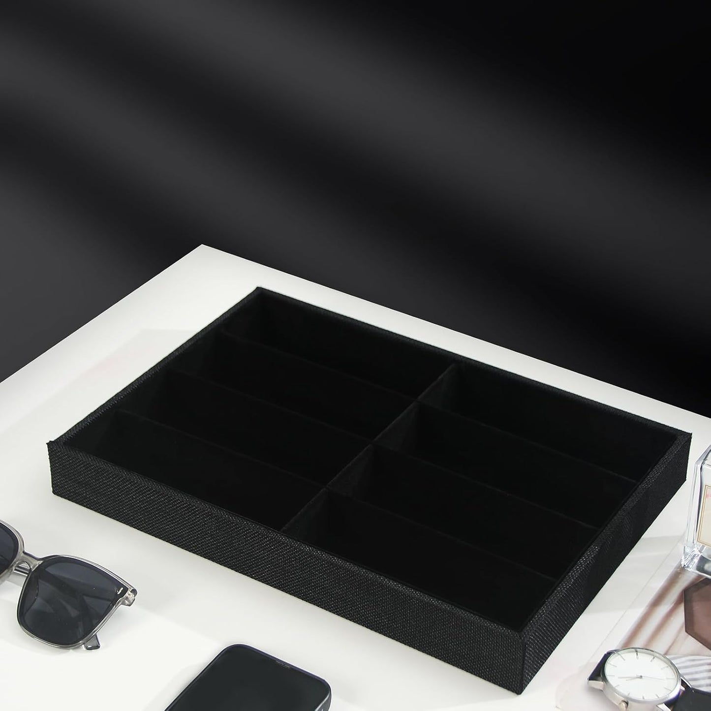 Julysky Sunglass Organizer Tray,8 Grids Watch Holder Display Jewelry Tray for Drawer, Jewelry Display Organizer Tray Box for Men （Black