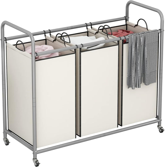 LINZINAR 3-Bag Laundry Sorter,Laundry Hamper Cart with Heavy Duty Rolling Lockable Wheels and Removable Bags (Beige)
