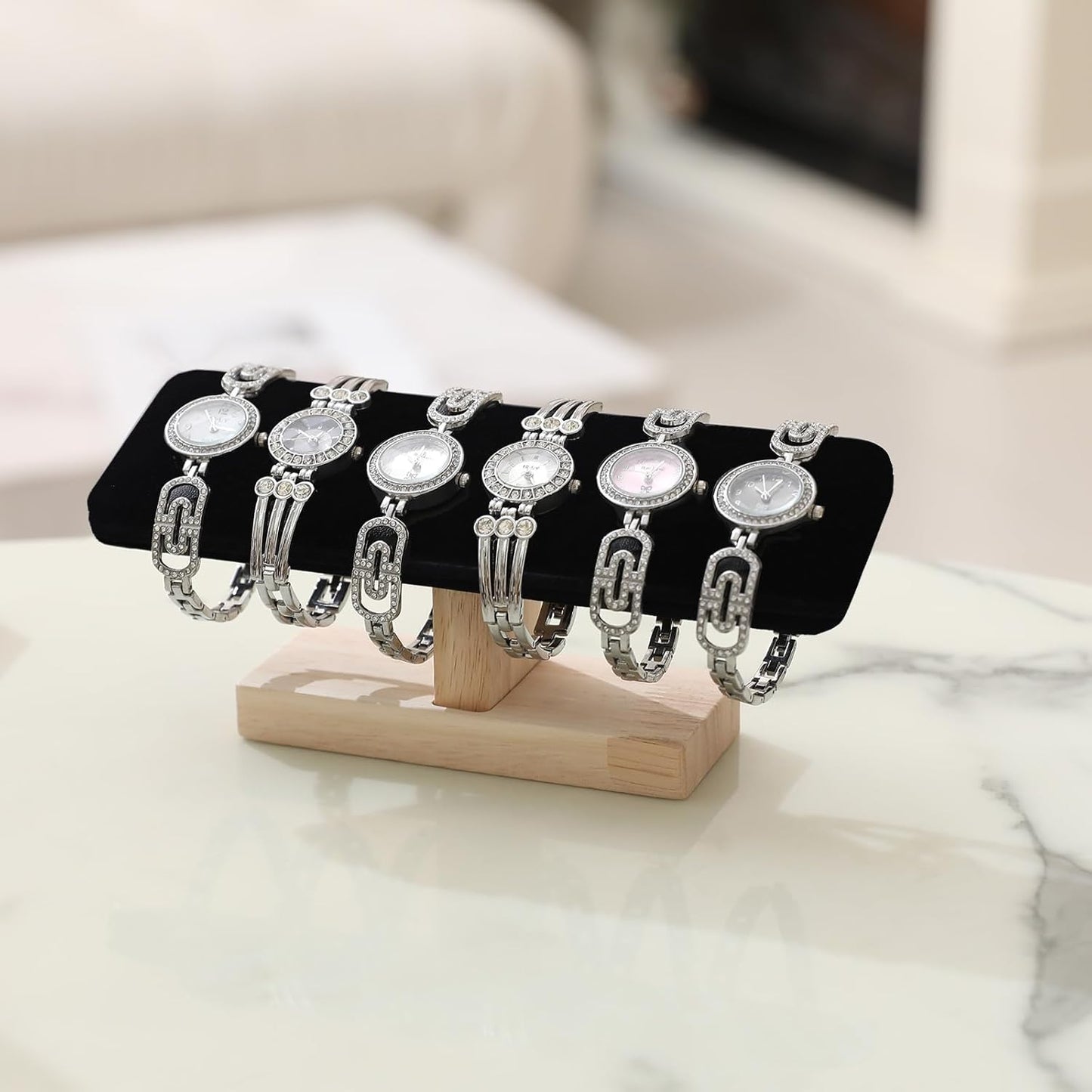 Wooden Watches Display Stands Base Watch Necklace Bracelet Organizer Rack Bangle Scrunchie Headband Showcase Stands Exterior Velvet Black