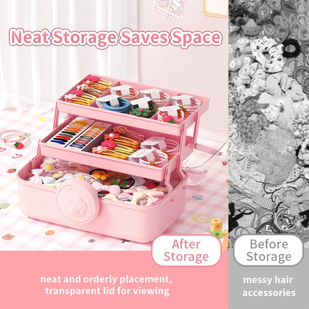Bow Knot Hair Accessories Organizer Box Cute Dust Proof Childrens Jewelry Storage Box 3 Layers Plastic Storage Box for Hair Clips,Headbands,Hair Bands,Jewelry,Etc