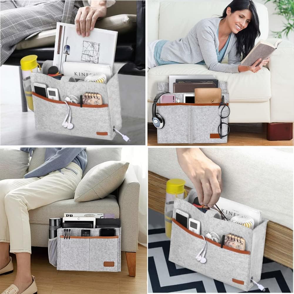 Bedside Caddy,Felt Bedside Storage Organizer, Hanging Storage for Dorm Bed Sofa for tablet Magazine Phone Remotes Water Bottle Holder (Grey)