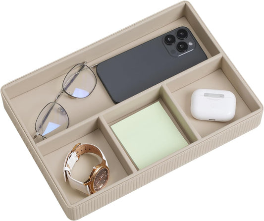 PU Leather Valet Tray, Decorative Trinket Vanity Desk Drawer Organizer Tray, Perfume Dish Catch All Bowl for Keys, Nightstand Drawer Organizer Women Men with 4 Compartments (Beige)