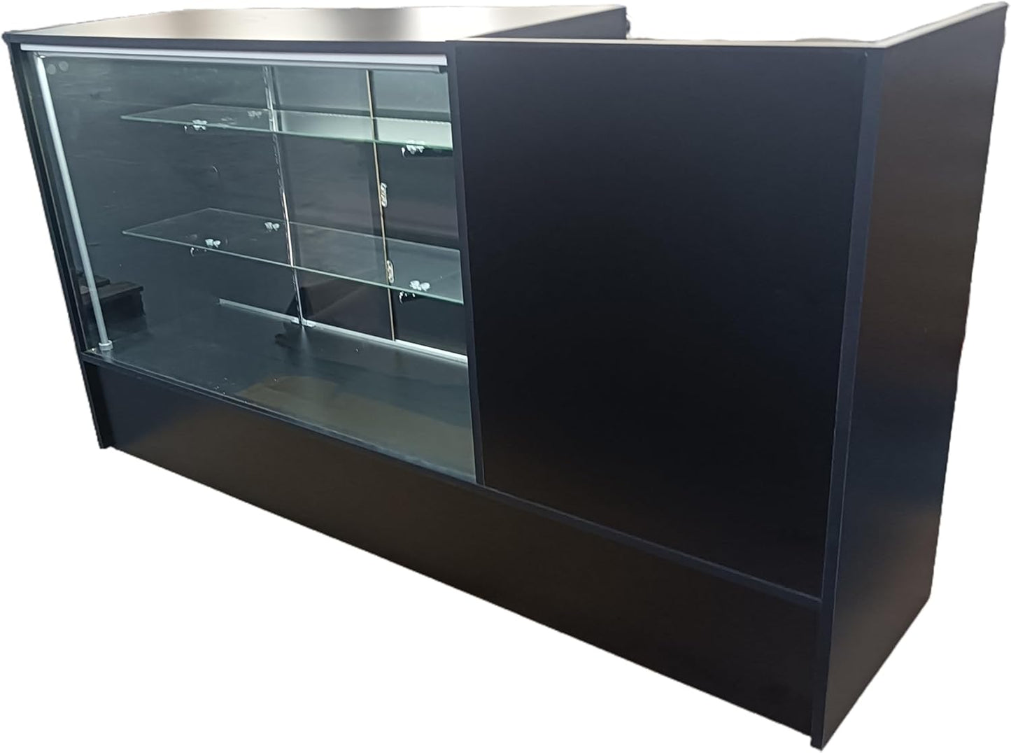 Only Hangers Register Stand with Counter Space and Retail Glass Showcase Display - with LED Lights - 72" (Black)