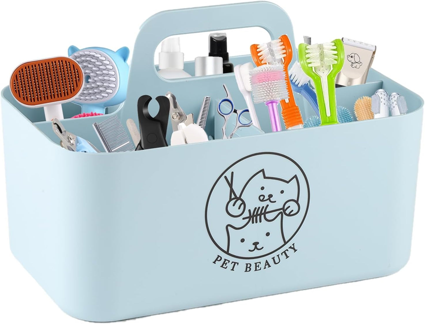 5-Compartment Blue Dog Stuff Storage Caddy, Portable Pet Grooming Organizer with Handle, 9.8" L x 6.1" W x 4.4" H