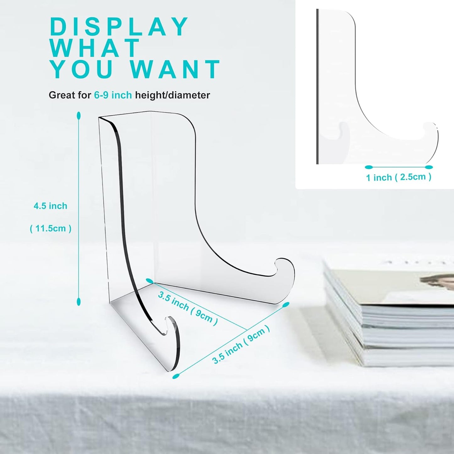 Boloyo Flat Back Acrylic Plate Display Stand , 4.5 Inch 5PC Clear Acrylic Display Holder Easel Base for Home Office Kitchen School Art Display