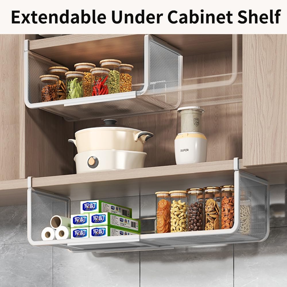 Expandable Under Shelf Basket Organizer, Under Shelf Storage, Hanging Baskets Under Cabinet for Pantry Kitchen Cupboard Desk Counter Bookshelf Space Saver Heavy Duty Slide-in (white, 1 Pack)