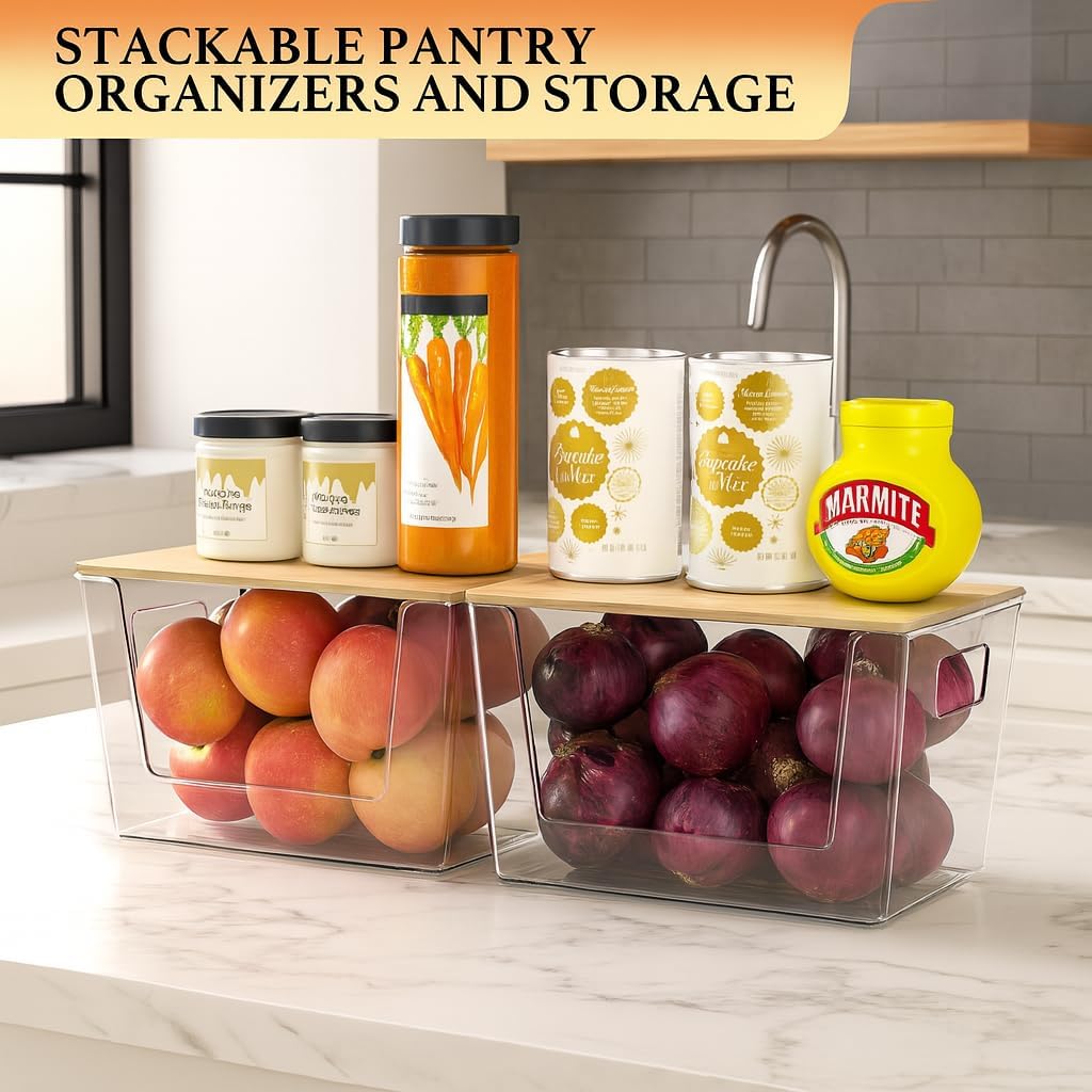 2 Set Pantry Organizers and Storage - Clear Stackable Bins with Bamboo Lid for Fruit, Onion, Potato, Vegetable - Trash Bag Holder Dispenser Under Sink Organizer for 4-13 Gal Bags