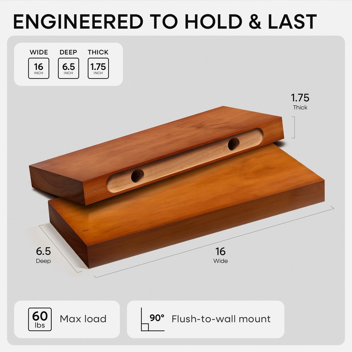 Homeforia 16 inch Oak Floating Shelf, High End Solid Real Wood 16inch Small Floating Shelves for Wall Mounted, Honey Oak Wooden 16in Floating Shelves, Heavy Duty Bracket, 16 X 6.5 X 1.75 in, Set of 4
