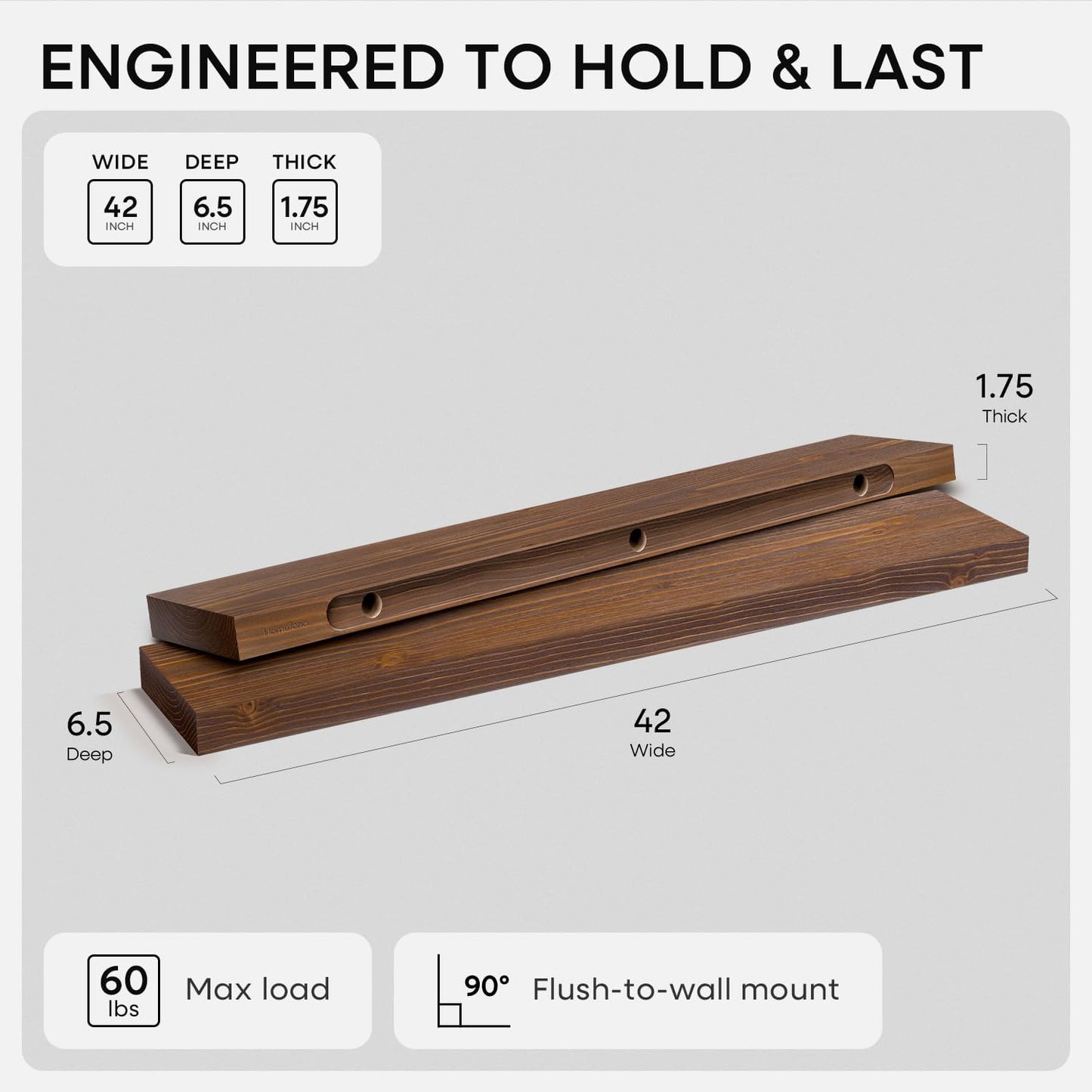 Homeforia Classic Walnut 42 inch Floating Shelf, High End Solid Real Wood Small 42inch Floating Shelves for Wall Mounted, 42in Floating Shelves, Heavy Duty Bracket, 42 X 6.5 X 1.75 inches, Set of 2