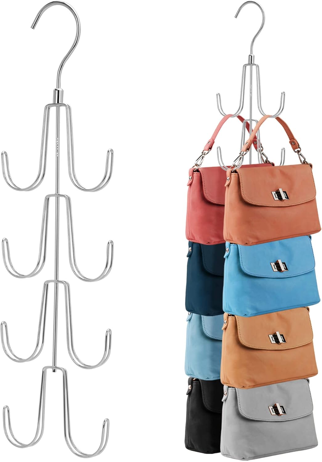 ZEDODIER Purse Organizer for Closet, Rotatable Purse Hanger Bag Holder, Max 8 Storage Capacity Backpack Rack, Metal Space Saving Hanger, Silver