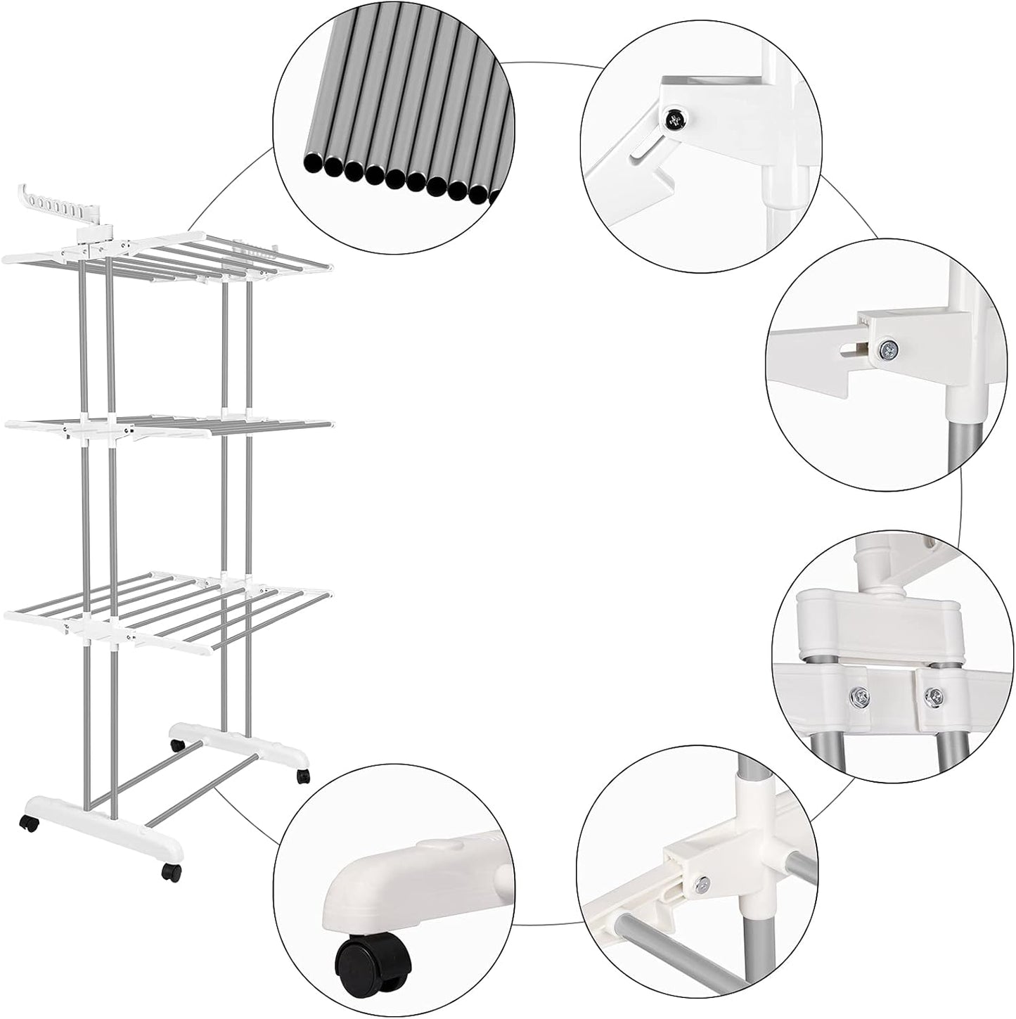 Bigzzia 3 Tier Folding Drying Rack Clothing Clothes Horses Rack Stainless Steel Laundry Drying Rack (Grey White, 4 Tier)