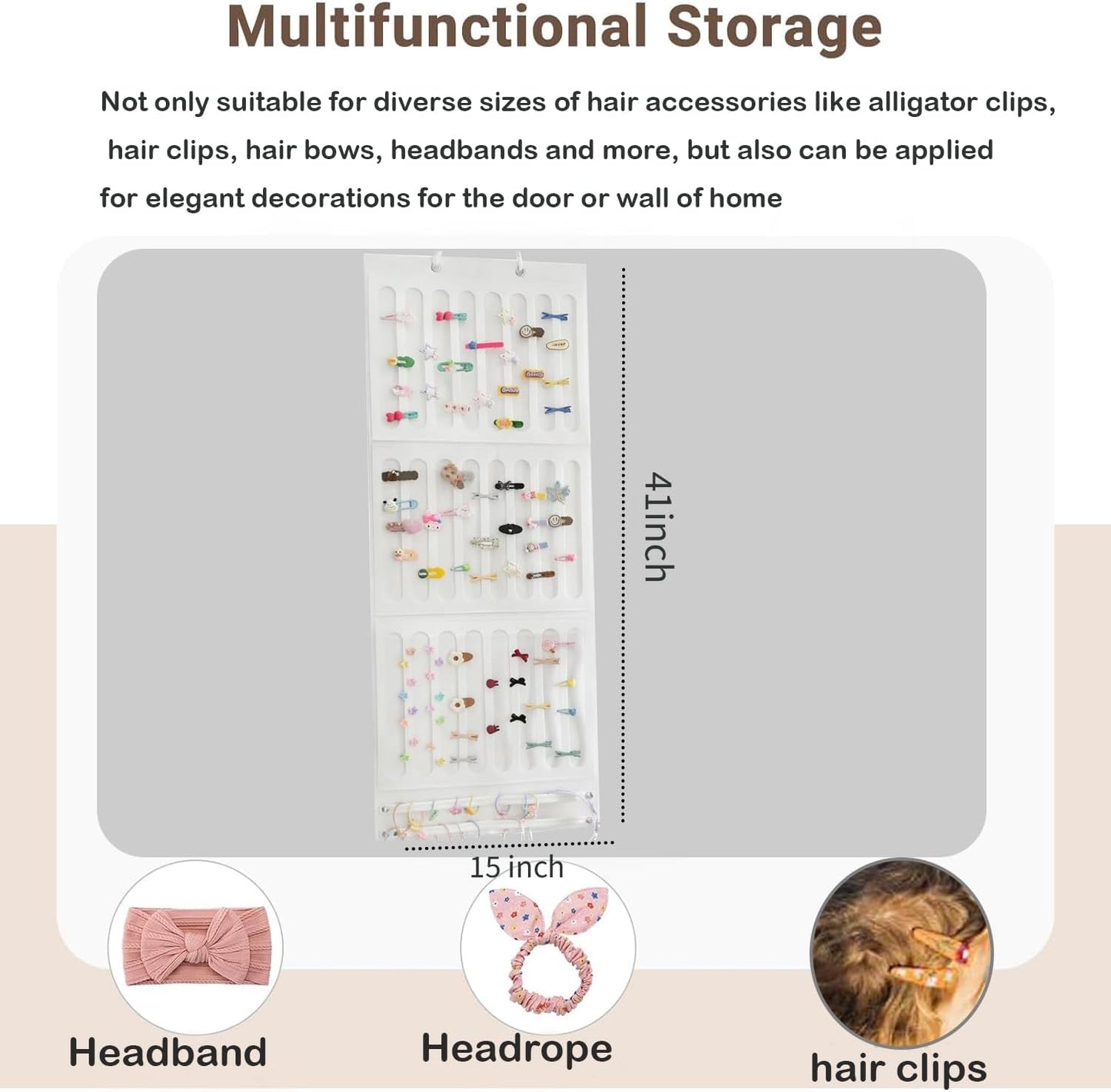 Hair Bows Holder & Organizer for Girls, Wall Hanging Baby Hair Accessory Storage Display with Sturdy Rope for Girl Room & Nursery